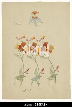 Trois segments d'un vase avec des coquelicots peints avec des feuilles et une couverture peinte Trois tranches de vase peint de coquelicots et une avec des feuilles couvercle peint type d'objet: Dessin design Numéro d'article: RP-T-2016-19-1 Inscriptions / marques: Inscription, recto top left, brush en gris 'huit divisions' signature et date, recto bottom left: 'AF.97' Fabricant : artiste: Anatole-Alexis Fournier (personnellement signé) Lieu de fabrication: Sèvres Dating: 1897 Caractéristiques physiques: Stylo à l'encre rouge, aquarelle, renforcé avec blanc: Papier aquarelle technologie: Stylo / incrémentation / aquarelle dimensions: h 274 mm Banque D'Images
