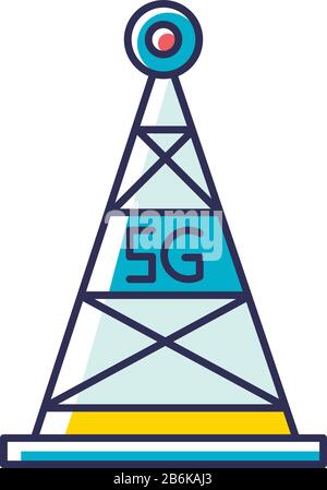 Icône de couleur RVB 5 Go pour la tour de cellules. Signal d'antenne. Technologie sans fil. Accès rapide à Internet. Couverture du réseau mobile cellulaire. Télécommunications Illustration de Vecteur