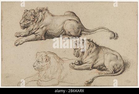 Trois études d'un journal d'étude de lion inclinable avec trois lions inclinables Trois études d'une lame d'étude de lion inclinable avec trois types d'objets de lion inclinables: Dessin Numéro d'objet: RP-T-1989-85 (R) Fabrication Vervaardiger: Rapporteur pour avis: Jacob The Gheyn (II) Dating Ca. 1615 - ca. 1625 Caractéristiques physiques: Stylo à craie brune et rouge, sur cardoespaper léger matériau: Cartouche d'encre de papier craie technique: Stylo Dimensions: H 202 mm × W 323 mm Banque D'Images