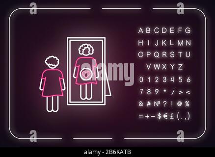 Sensation de grossesse néon icône. Signe précoce de l'ovulation. Famille de planification. Expectante mère. Effet brillant extérieur. Signe avec alphabet, chiffres Illustration de Vecteur