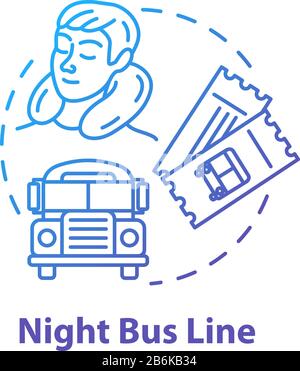 Icône de concept de ligne de bus de nuit. Reposez-vous sur le chemin, l'idée de tourisme de budget l'illustration de ligne mince. Hébergement touristique, autobus international et billets de voyage Illustration de Vecteur