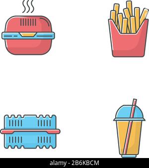 Emballages alimentaires à emporter couleurs RVB jeu d'icônes. Boîte en carton Burger, contenant en plastique vide, tasse jetable avec paille, paquet de frites. Isolé Illustration de Vecteur