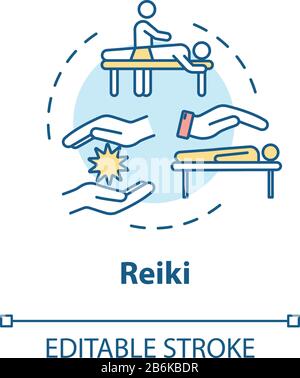 Icône de concept Reiki. Médecine alternative, idée de thérapie énergétique illustration de ligne mince. Pratique de guérison des palmes, technique de traitement ésotérique. Vecteur Illustration de Vecteur