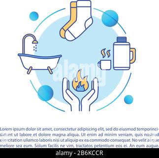 Le concept de voies de chauffage du corps humain est accompagné de texte. Boisson chaude et bain, recommandations de traitement des gelures modèle vectoriel de page PPT. Brochure, magazine Illustration de Vecteur