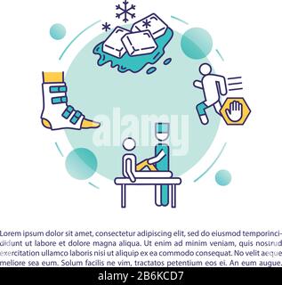 Icône de concept de thérapie de blessures sportives avec texte. Exécution du modèle de vecteur de la page PPT sur les premiers soins et le traitement en cas de traumatisme. Brochure, magazine, création de livret Illustration de Vecteur