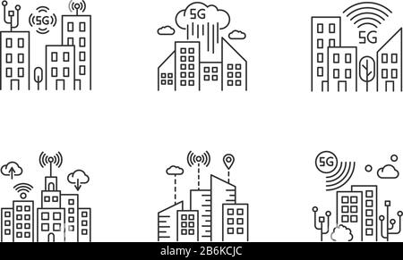 Jeu d'icônes linéaires parfaites de 5 G pixels pour les villes intelligentes. Intelligence urbaine. Couverture du réseau mobile cellulaire. Symboles de contour de ligne mince personnalisables. Isolé Illustration de Vecteur