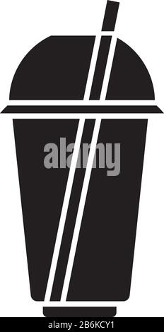Icône de glyphe noir à usage unique en plastique. Mug transparent pour boisson froide, soda, jus avec couvercle dôme et paille. Conteneur de boissons. Symbole silhouette activé Illustration de Vecteur