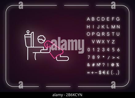Icône de lumière fluo de nausée. Maladie du matin. Symptôme précoce de la grossesse. Maladie du virus de la grippe. Effet brillant extérieur. Signe avec l'alphabet, les chiffres et Illustration de Vecteur