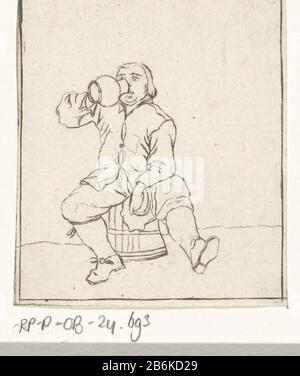 Homme buvant assis sur une tonne un homme met un pichet à sa bouche pendant qu'il est sur une tonne zit. Fabricant : printmaker Cornelis Ploos van Amstel lieu de fabrication: Amsterdam Date: 1736 - 1798 Caractéristiques physiques: Design d'impression; gravure; matériau d'épreuvage: Technique du papier: Dessin imprimé / gravure dimensions: Haut: 66 mm × H 57 b mm Objet: Bocal, pichet (utilisé comme réservoir à boire) potable Banque D'Images