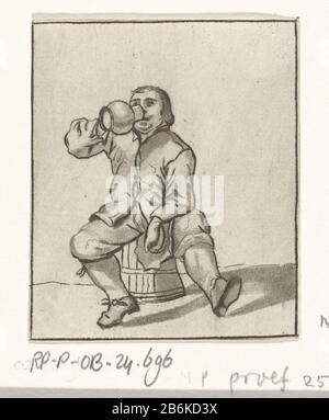 Homme buvant assis sur une tonne un homme met un pichet à sa bouche pendant qu'il est sur une tonne zit. Fabricant : printmaker Cornelis Ploos van Amstel lieu de fabrication: Amsterdam Date: 1736 - 1798 Caractéristiques physiques: Prenttkening; gravure et roulette; matériel d'épreuvage: Papier technique: Dessin imprimé / etch / roulette dimensions: Haut: 61 mm × H 51 b mm Objet: Bocal, pichet (utilisé comme réservoir à boire) buvant Banque D'Images