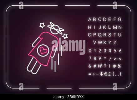 Icône de lumière fluo. Symptôme de grossesse précoce. Femme enceinte. Personne expérimente vertige. Effet brillant extérieur. Signe avec l'alphabet, les chiffres et Illustration de Vecteur