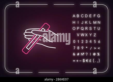 Icône de lampe au néon de test positif. Signe précoce de grossesse. Contrôle gynécologique. Planification familiale. Effet brillant extérieur. Signe avec l'alphabet, les chiffres et Illustration de Vecteur