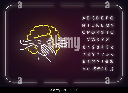 Icône du néon de sensibilité aux odeurs. Symptôme précoce de la grossesse. Femme allergique. Effet brillant extérieur. Signe avec alphabet, chiffres et symboles Illustration de Vecteur