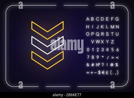 Trois flèches vers le bas icône néon. Bouton de défilement vertical. Indicateur de processus de téléchargement. Effet brillant extérieur. Signe avec l'alphabet, les chiffres et Illustration de Vecteur