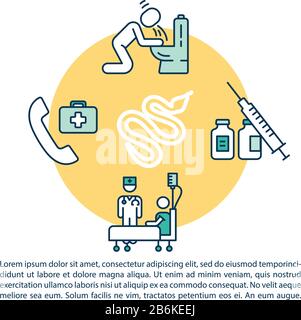 Icône de concept de traitement Snakebite avec texte. Premiers soins d'intoxication, traitement d'empoisonnement PPT page modèle vectoriel. Brochure, magazine, création de livret Illustration de Vecteur