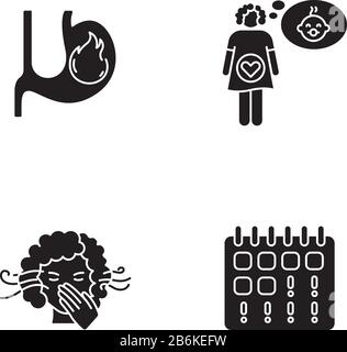 Symptôme de grossesse précoce icônes de glyphe noir définies sur l'espace blanc. Brûlures d'estomac dans l'estomac. Sensation de grossesse. Sensibilité aux odeurs. Maternité, fertilité Illustration de Vecteur