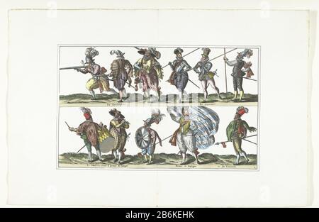 Plaque double avec onze citoyens armés en uniforme de la mode à Anvers, CA 1580 Bourgeois d'Anvers, sous les armes (suite) (titre objet) Double feuille avec onze citoyens armés en uniforme de la mode à Anvers vers 1580. Partie de la série Habitude Variarum gentium, costumes imprimés fax, planche 6. Fabricant : printmaker: Anonyme à la photo d'Abraham de Bruyn Éditeur: GA de Trigt Lieu de fabrication: Print maker: Belgique Éditeur: Bruxelles Date: 1872 - 1875 Caractéristiques physiques: Reproduction colorée: Papier technique: Couleur des mains / reproduction des dimensions: Feuille: Banque D'Images