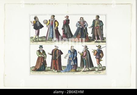 Double plaque avec cinq hommes et cinq femmes vêtues de la mode anglaise, CA 1580 costumes Anglais (titre objet) Double plaque avec cinq hommes et cinq femmes vêtues de la mode anglaise, vers 1580. Partie de la série Habitude Variarum gentium, costumes imprimés fax, planche 33. Fabricant : printmaker: Anonyme pour imprimer par Abraham de Bruyn Éditeur: GA de Trigt Lieu de fabrication: Print maker: Belgique Éditeur: Bruxelles Date: 1872 - 1875 Caractéristiques physiques: Reproduction colorée: Papier technique: Couleur de la main / reproduction des dimensions: Feuille: H 360 mm × W 547 mmToeliechtOnde Banque D'Images