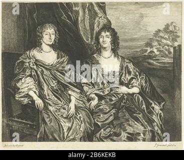 Église Dubbelportret van Ann une Anna Dalkeith Double portrait d'Ann Kirke et d'Anna Dalkeith, comtesse de Morton, en robes coûteuses. Les deux sont les trois quarts, assis les uns à côté des autres, représentés devant un rideau. La gauche est Ann Kirke, sa main droite sur le bras de sa chaise, avec une fleur dans sa main gauche. À Droite, Anna Dalkeith. Sur le fond droit, une flèche. Fabricant : printmaker John Gronsveld (propriété cotée) à la peinture par Anthony van Dyck (bâtiment classé) éditeur John Gronsveld (propriété cotée) Lieu de fabrication: Amsterdam Date: 1679 - 1728 Caractéristiques physiques: Gravure Banque D'Images