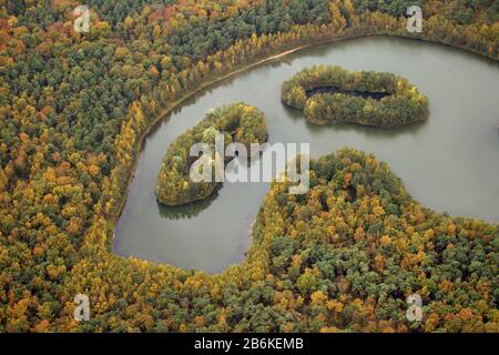 , petites îles du lac Heidsee à Bottrop-Kirchhellen, 26.10.2012, vue aérienne, Allemagne, Rhénanie-du-Nord-Westphalie, région de la Ruhr, Bottrop Banque D'Images