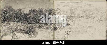 Duinlandschap with Trees Dune paysage with Trees Type d'objet: Sketchbook sheet référence: RP-T-1959-454-21 (V) Description: Dune paysage avec arbres. Feuille 21 verso et recto feuille 22 d'un croquis avec 33 bladen. Fabricant : artiste: Johan Antonie de Jonge Lieu de fabrication: South Holland (possible) Date: 1884 - 1927 Caractéristiques physiques: Craie noire, gedoezeld matériel: Craie technique: Doezelen Explication feuille contient 21 reto no voorstelling. Objet: Arbre de la côte des dunes Banque D'Images