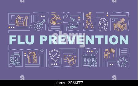 Bannière concepts de mot de prévention de la grippe. Protection de la santé. Dose de vaccination. Infographies avec icônes linéaires sur fond violet. Typographie isolée Illustration de Vecteur