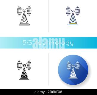 Icône de tour de cellule 5 G. Technologie sans fil. Connexion rapide. Couverture du réseau mobile cellulaire. Antenne de télécommunications. Couleur linéaire noir et RVB Illustration de Vecteur