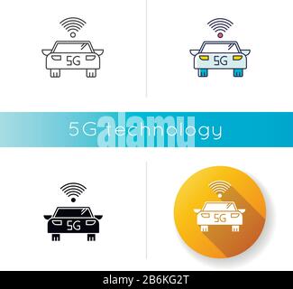 Icône voiture intelligente 5 Go. Véhicule à conduite automatique. Conduite autonome. Automobile sans conducteur. Technologie sans fil. Styles de couleur linéaire noir et RVB. Isolé Illustration de Vecteur