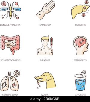 Infections virales couleurs RVB jeu d'icônes. Différentes maladies infectieuses, virus bactériens contagieux. Diagnostic médical, virologie. Divers bactériens Illustration de Vecteur