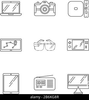 Les icônes linéaires Perfect pixel des appareils mobiles sont définies. Tablette, ordinateur portable, ordinateur. Navigateur, lunettes intelligentes. Symboles de contour de ligne mince personnalisables. Isolé Illustration de Vecteur