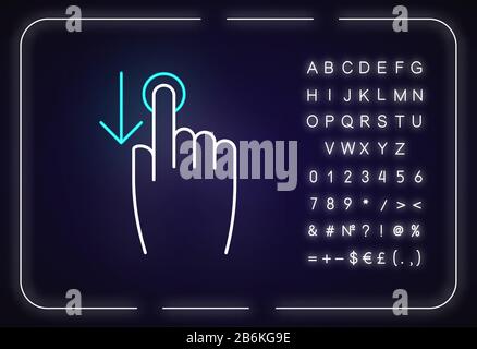 Icône de lumière néon de doigt de défilement vers le bas. Geste de défilement pour l'écran tactile du smartphone. Effet brillant extérieur. Signe avec alphabet, chiffres et symboles Illustration de Vecteur