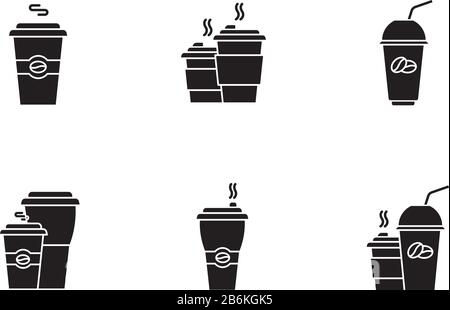 Les icônes de glyphe noir Coffee to Go se définissent sur un espace blanc. Tasses jetables en plastique avec boissons à base de caféine. Prenez des boissons chaudes et froides. Latte, tasses cappuccino Illustration de Vecteur