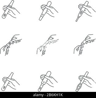 Signe de grossesse précoce pixel parfait icônes linéaires ensemble. Test positif pour la femme enceinte. Vérification gynécologique. Symboles de contour de ligne mince personnalisables Illustration de Vecteur