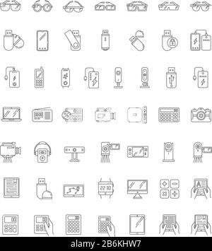 Les icônes linéaires Perfect pixel des appareils mobiles sont définies. Smartphone, ordinateur portable, ordinateur. Lecteur électronique, caméra, powerbank. Symboles de contour de ligne mince personnalisables Illustration de Vecteur