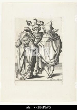 Une femme vêtue de fête, un homme dans une cape et un homme masqué qui a quitté étend les masquerades (titre de série) une femme habillée de fête et un homme dans une cape - représentent un homme masqué avec une turban - tous deux vus du dos; ce dernier étend son bras gauche dans un geste de balayage. Ce tirage fait partie d'une série de neuf tirages numérotés, où: Deux ou trois masqués et / ou des figures costatées aux pieds de son weergegeven. Fabricant : printmaker: Anonyme à imprimer par Jacob de Gheyn (II) Editeur: Assuerus de Londerseel ( indiqué sur l'objet) Lieu de fabrication: Les Pays-Bas Date: 1596 - 1635 physique Banque D'Images