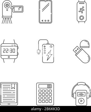 Les icônes linéaires Perfect pixel des appareils mobiles sont définies. PowerBank, smartphone, caméra vidéo. Lecteur flash. Symboles de contour de ligne mince personnalisables. Isolé Illustration de Vecteur