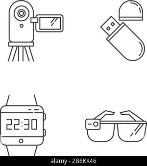 Les icônes linéaires Perfect pixel des appareils mobiles sont définies. Lecteur flash, caméra vidéo. Smartwatch, Smartverres. Symboles de contour de ligne mince personnalisables. Isolé Illustration de Vecteur