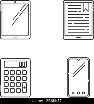Les icônes linéaires Perfect pixel des appareils mobiles sont définies. Tablette, lecteur électronique, livre électronique. Smartphone, calculatrice. Symboles de contour de ligne mince personnalisables. Isolé Illustration de Vecteur