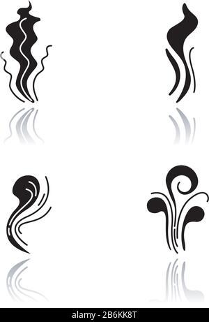 Ensemble d'icônes de glyphe noir d'ombre d'odeur de goutte. Bon et mauvais parfum. Odeur fluide, parfum. Stench laiteux. Courbes de parfum aromatique. Flux de fumée, fumée Illustration de Vecteur