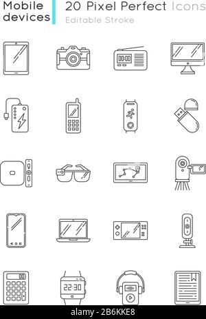 Les icônes linéaires Perfect pixel des appareils mobiles sont définies. Ordinateur portable, ordinateur. Lecteurs électroniques. Outils numériques de poche. Symboles de contour de ligne mince personnalisables. Isolé Illustration de Vecteur