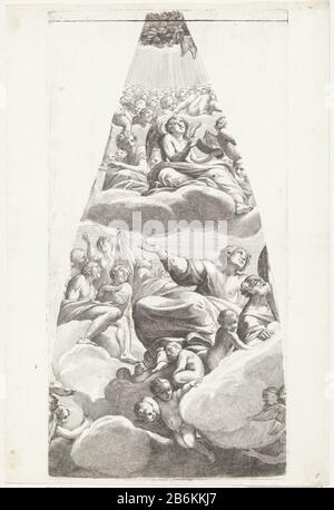 Un jeune saint assis sur un nuage avec ange Assomption de Marie (titre de la série) un jeune saint assis sur un nuage, entouré d'engelen. Fabricant : print maker: Carlo Cesionaar dessin de: Carlo Cesionaar peinture de: Giovanni LanfrancoPlaats fabrication: Print maker: Italie à dessin de: Italie à la peinture de: Rome Date: 1636 - 1686 Caractéristiques physiques: Engrala et le matériel de gravure: Papier technique: Engraa (procédé d'impression) / dimensions de gravure: Bord de la plaque: H 553 mm × W 282 mmToelichtingPrent d'une série de 8 reproductions après les fresques de Giovanni Lanfranco dans le dôme de San Andrea della Va Banque D'Images