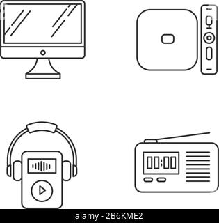 Les icônes linéaires Perfect pixel des appareils mobiles sont définies. Ordinateur de bureau, lecteur audio. Lecteur multimédia. Symboles de contour de ligne mince personnalisables. Isolé Illustration de Vecteur