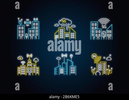 Jeu d'icônes de lumière fluo intelligente de 5 Go. Intelligence urbaine. Couverture du réseau mobile cellulaire. Technologie sans fil. Signes avec effet brillant extérieur. Vecteur Illustration de Vecteur