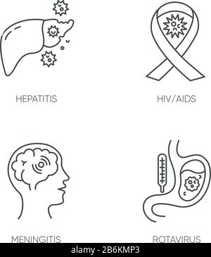 Icônes linéaires Perfect pixel de maladies dangereuses définies. Symboles de contour mince personnalisables du VIH, du SIDA, de la méningite, du rotavirus et de l'hépatite. Isolé Illustration de Vecteur
