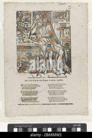 Un vieil homme assis dans sa chambre, parlant (objet titre) Een oude man zittend overpeinzend dans zijn kamer, met het hoofd de la main en met de andere main op scheden el. Op tafel een walmende kaars en een zandloper. Dans een lade geldstukken en kostbare schalen op een kast. Allegorie op de ouderdom en vergankelijkheid (Vanitas). Onder de voorstelling een vers dans zes verzen. Fabricant : uitgever: Johannes Kannewet (II) (vermeld op object)prentmaker: AnoniemPlaats fabriquent: Uitgever: Amsterdam damprentmaker: Noordelijke Nederlanden Dating: 1550 - 1600 en/of 1725 - 1780 kenmerken physique: Houtsnede Banque D'Images