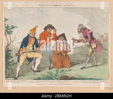 Une farce politique à l'intérieur - une farce (titre objet) Quatre caricatures anglaises sur les Patriots en 1787 un patriote néerlandais s'agenouille sur le terrain et un Français se demande de l'aide. Le Français, cependant, lui montre avec parures son vide sac à main. A quitté un soldat prussien et un marin anglais. Les textes de légende des quatre caractères principaux. Partie d'un groupe de quatre caricatures sur les Patriots pendant l'invasion prussienne en octobre 1787. La version originale publiée en inscriptions anglaises à Londres. Voir également la poignée de commande et la paire associée spotprenten. Fabricant : Printmaker: Johann Heinrich Rambe Banque D'Images