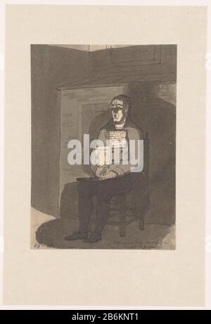 Un exemple pour qui voyagent dans le service du pays (objet titre) mendiant aveugle. Homme assis sur une chaise, avec une veste boutonnée à corps long, avec la main droite, il tient une grande tasse lumineuse ou un verre fixé sur ses genoux; le côté gauche est situé sur le bord d'un chapeau, qu'il maintient fixé inversé entre les jambes; Sur sa poitrine est un papier attaché avec inscription ont pitié sur un pauvre aveugle à son visage verloore sur le navire Doggersbank. Fabricant : artiste Christiaan Andriessen Lieu de fabrication: Pays-Bas Date: 1805 - 1808 Caractéristiques physiques: Stylo et brosse en gris et noir: P Banque D'Images