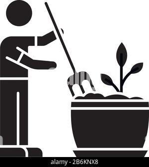 Icône de glyphe noir pour le remplissage du sol. Labourage, labourage de la terre. Entretien de la maison. Aération. Culture de plantes, processus de plantation. Jardinage intérieur. Silhouette Illustration de Vecteur