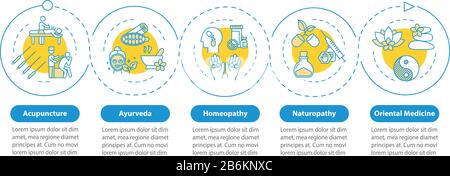 Modèle d'infographie vectoriel en médecine alternative traditionnelle. Éléments de conception de présentation homéopathie. Visualisation des données en cinq étapes. Processus Illustration de Vecteur