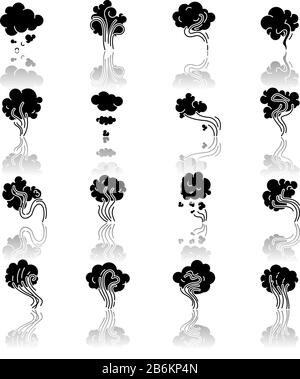 Jeu d'icônes de glyphe noir à ombre portée d'odeur. Émissions et évaporation. Odeur du hookah. Arôme de cannabis. Flux de cigarettes. Encre et brouillard. Isolé Illustration de Vecteur